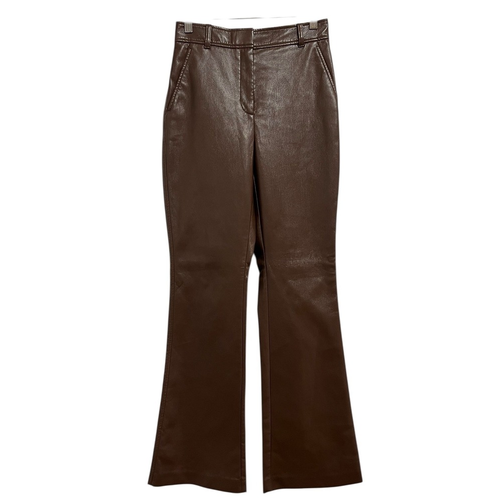 Babaton Vegan Faux Leather Pants‎ Women 2 Brown Flare Leg Trousers Minimalist